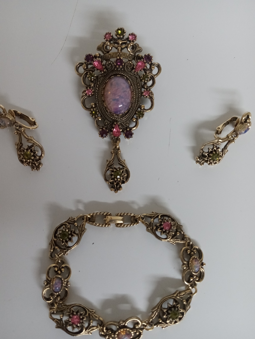 Vintage Sarah Coventry Pink, Purple, Green Gem Brooch, Bracelet, And Earring Set